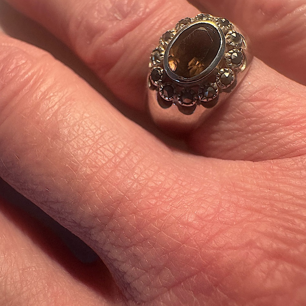 Sterling Silver with Amber and Gray Stones Size 7.5